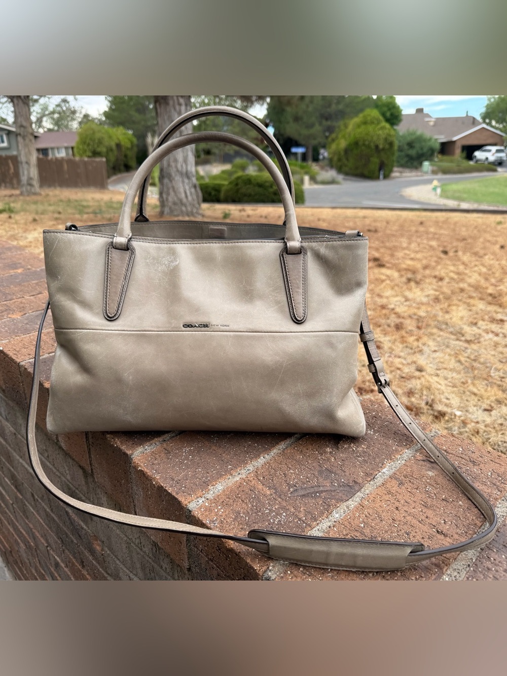Coach Taupe Grey Leather Tote Satchel Crossbody Bag with S